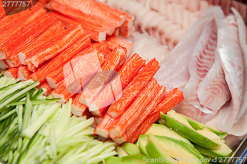 Image of surimi, fish avocado for sushi