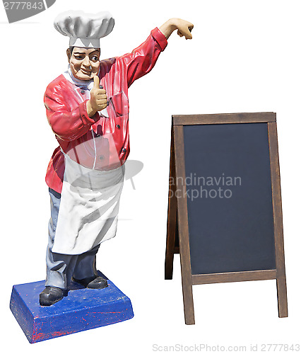 Image of Statue of chef with menu board with 
