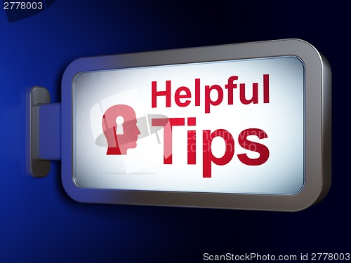 Image of Education concept: Helpful Tips and Head With Keyhole on billboard background