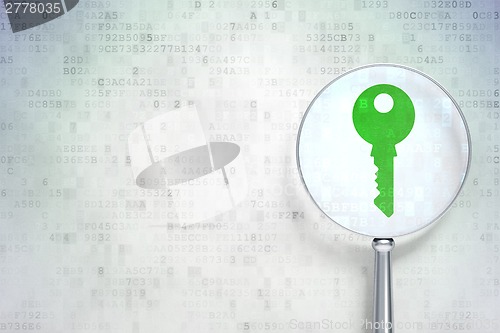Image of Safety concept:  Key with optical glass on digital background