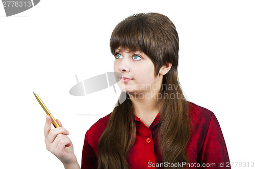 Image of Beautiful young girl with a pen pointer on white