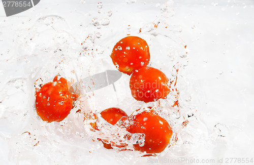 Image of red cherry tomatoes with water splash