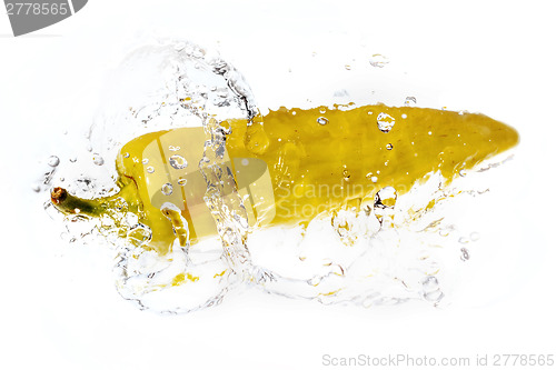 Image of yellow pepper with water splash isolated
