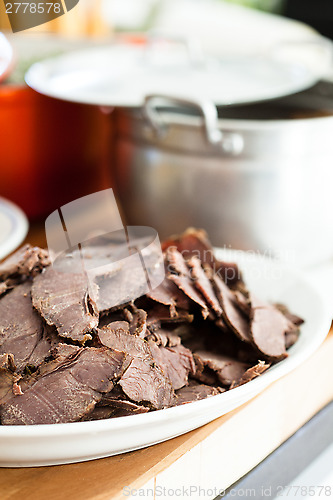 Image of Cooked beef slices on plate