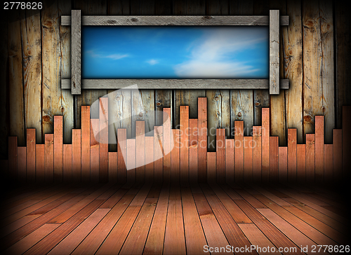 Image of abstract interior with window and blue sky