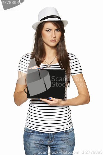 Image of Woman showing tablet computer screen