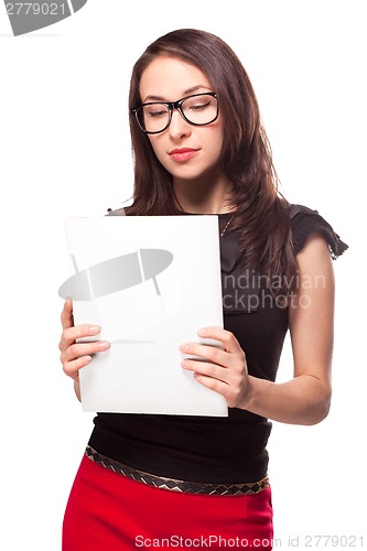 Image of Office girl holding empty paper blank template