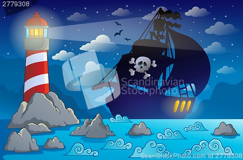 Image of Pirate ship silhouette near coast 2