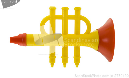Image of Plastic toy flute on white background