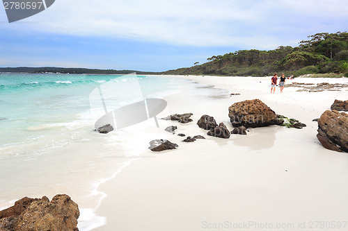 Image of HYAMS BEACH, AUSTRALIA - APRIL 9, 2014;  Tourists enjoy the whit