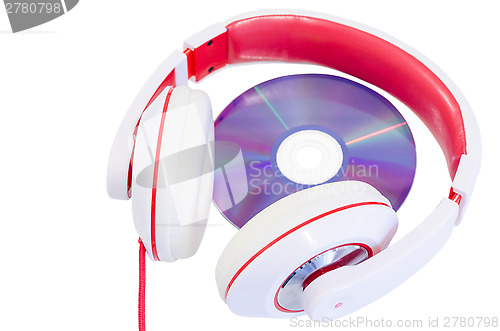 Image of Audio compact disc and red white headphones