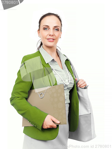 Image of business woman with handbag and folder
