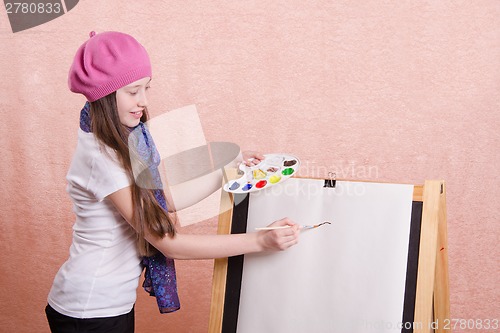 Image of girl begins to draw picture on the easel
