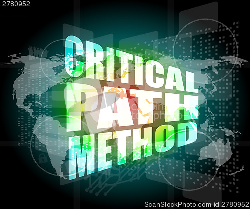 Image of critical path method words on digital screen with world map