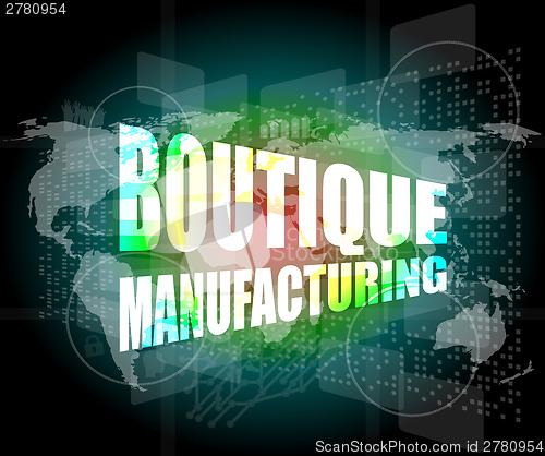 Image of words boutique manufacturing on touch screen technology background