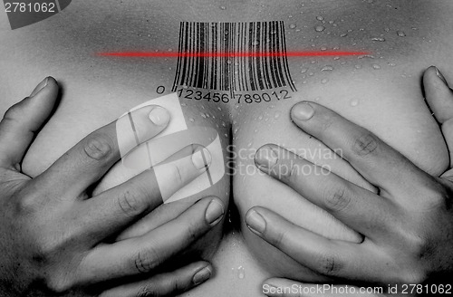 Image of Hands covering breasts, barcode
