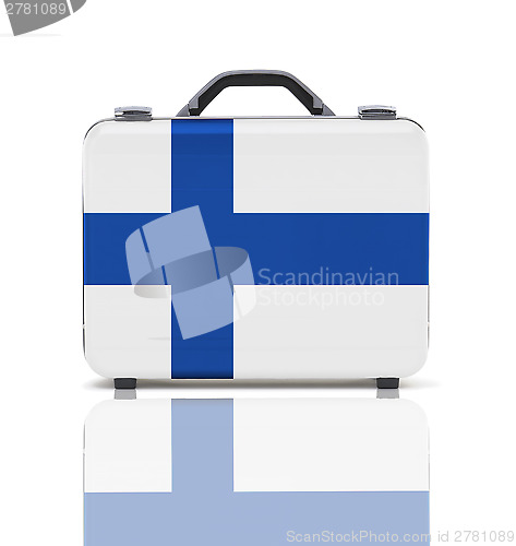 Image of Business suitcase for travel with reflection and flag of Finland