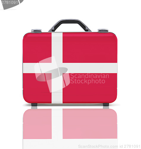 Image of Business suitcase for travel with reflection and flag of Denmark