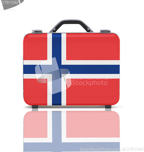 Image of Business suitcase for travel with reflection and flag of Norway