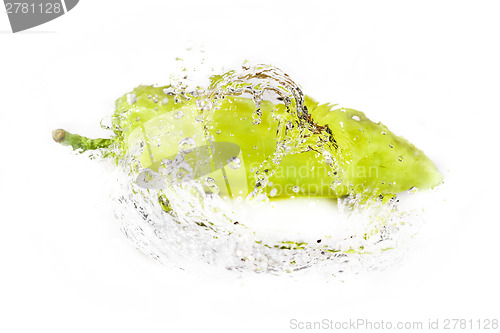 Image of green pepper with water splash isolated