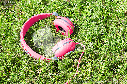 Image of Bright colored pink headphones on green sward