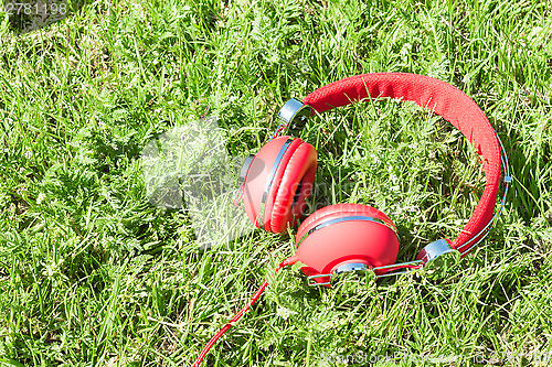 Image of Colorful red headphones on sunlight glade