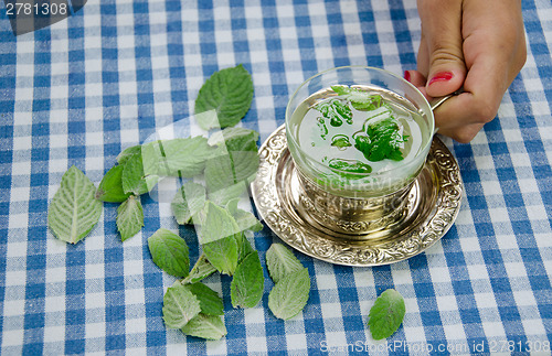 Image of woman hand hold cup with healing relaxing mint tea 