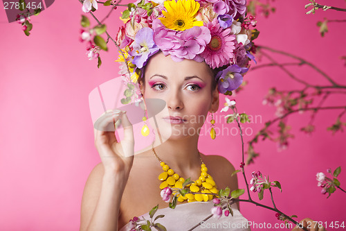 Image of Flower hat spring fashion sexy female in dress