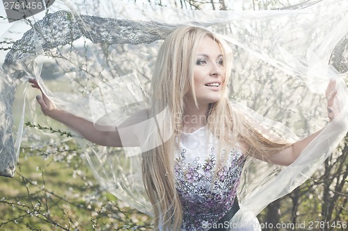 Image of Spring lace dress fashion blonde woman