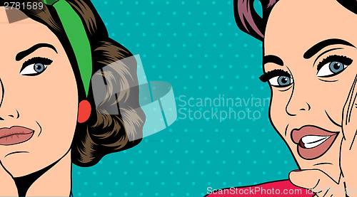 Image of Two pop art girlfriends talking, comic art illustration 