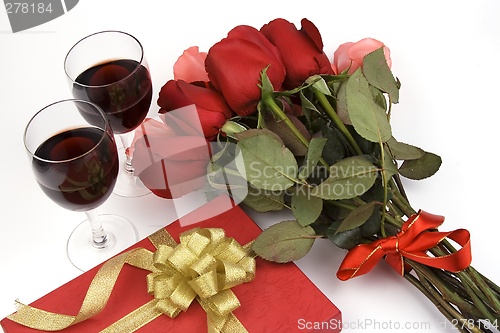 Image of Roses With Present And Wine