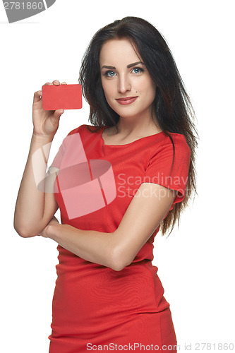 Image of Woman in red dress showing blank business card