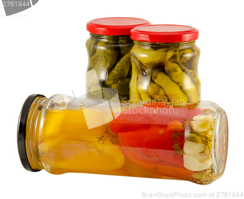 Image of pickled jar pepper and cucumber isolated on white  