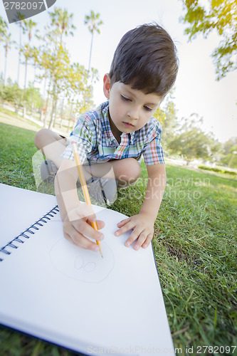 Image of Cute Young Boy Drawing Outdoors on the Grass