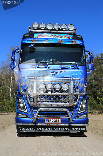 Image of Front view of Volvo FH16 Timber Truck on Country Road