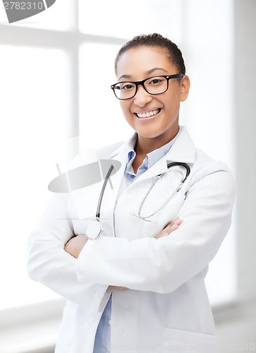 Image of african female doctor in hospital