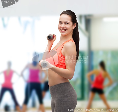 Image of young sporty woman with light dumbbells