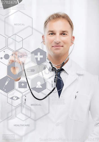 Image of doctor with stethoscope and virtual screen