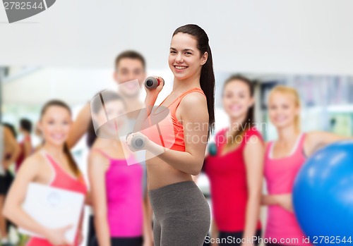 Image of young sporty woman with light dumbbells