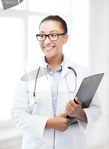 Image of african female doctor in hospital