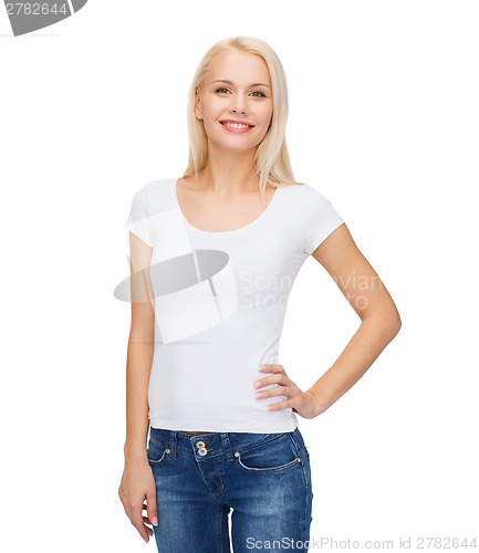 Image of smiling woman in blank white t-shirt
