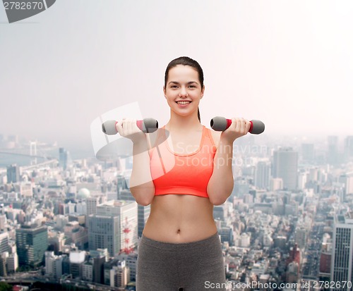 Image of young sporty woman with light dumbbells