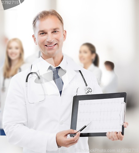 Image of male doctor with stethoscope showing cardiogram