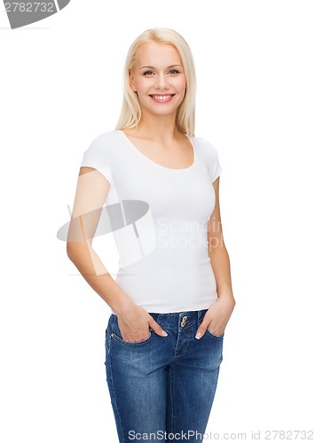 Image of smiling woman in blank white t-shirt