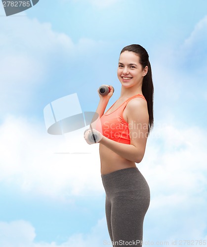 Image of young sporty woman with light dumbbells