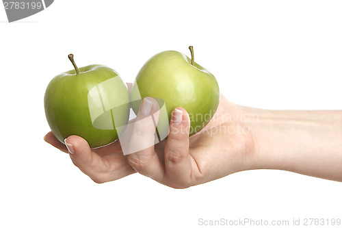 Image of Female hand with two green apples