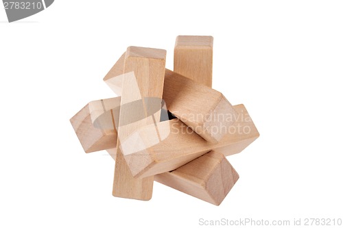 Image of Wooden brain teaser on white background  