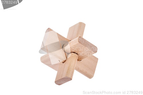 Image of Wooden brain teaser on white background  