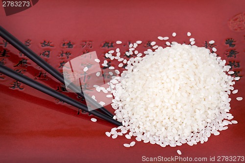 Image of Rice and chopsticks on a plate