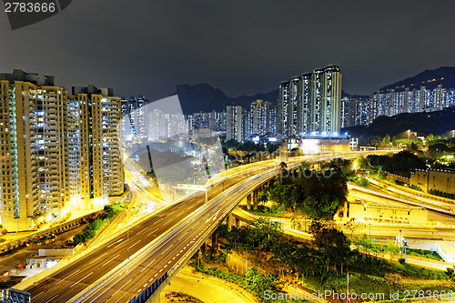 Image of aerial view of the city overpass at night, HongKong